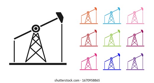Black Oil pump or pump jack icon isolated on white background. Oil rig. Set icons colorful. Vector Illustration