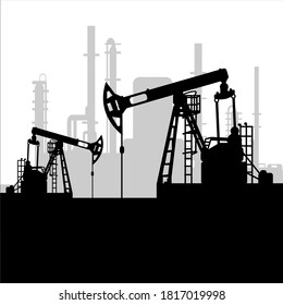 Black oil pump jack silhouette and factory view. Petroleum industry. Vector template for web, infographics or interface design. Oil and gas market. Energy business and environmental problems