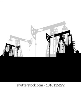 Black oil pumpjack silhouette on white background. Petroleum industry. Vector template for web, infographics or interface design. Oil and gas market. Energy business and environmental problems