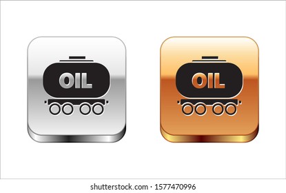 Black Oil railway cistern icon isolated on white background. Train oil tank on railway car. Rail freight. Oil industry. Silver-gold square button. Vector Illustration