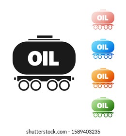 Black Oil railway cistern icon isolated on white background. Train oil tank on railway car. Rail freight. Oil industry. Set icons colorful. Vector Illustration