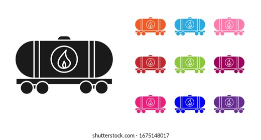 Black Oil railway cistern icon isolated on white background. Train oil tank on railway car. Rail freight. Oil industry. Set icons colorful. Vector Illustration