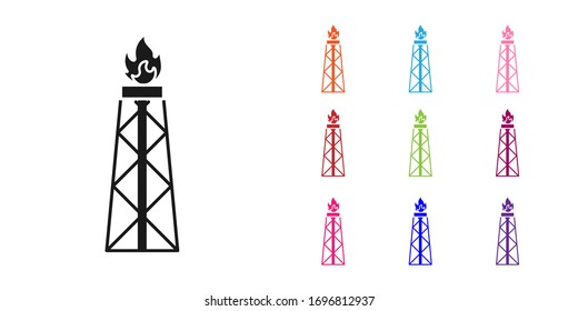 Black Oil rig with fire icon isolated on white background. Gas tower. Industrial object. Set icons colorful. Vector Illustration