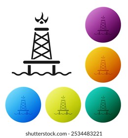 Black Oil rig with fire icon isolated on white background. Gas tower. Industrial object. Set icons in color circle buttons. Vector Illustration