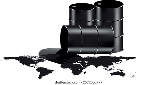 Black oil spills from barrels, covering a world map, representing global environmental and economic crisis