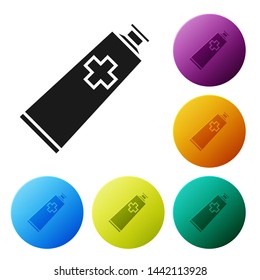 Black Ointment cream tube medicine icon isolated on white background. Tube, container, toothpaste, cream sign. Set icons colorful circle buttons. Vector Illustration