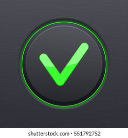 Black OK button with green check mark. Vector 3d illustration.