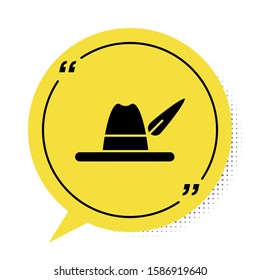 Black Oktoberfest hat icon isolated on white background. Hunter hat with feather. German hat. Yellow speech bubble symbol. Vector Illustration