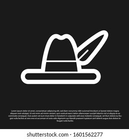 Black Oktoberfest hat icon isolated on black background. Hunter hat with feather. German hat.  Vector Illustration