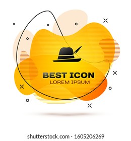 Black Oktoberfest hat icon isolated on white background. Hunter hat with feather. German hat. Abstract banner with liquid shapes. Vector Illustration