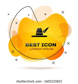 Black Oktoberfest hat icon isolated on white background. Hunter hat with feather. German hat. Abstract banner with liquid shapes. Vector Illustration