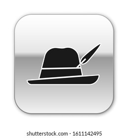 Black Oktoberfest hat icon isolated on white background. Hunter hat with feather. German hat. Silver square button. Vector Illustration