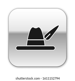 Black Oktoberfest hat icon isolated on white background. Hunter hat with feather. German hat. Silver square button. Vector Illustration