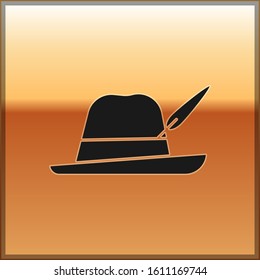 Black Oktoberfest hat icon isolated on gold background. Hunter hat with feather. German hat.  Vector Illustration