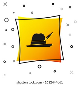 Black Oktoberfest hat icon isolated on white background. Hunter hat with feather. German hat. Yellow square button. Vector Illustration