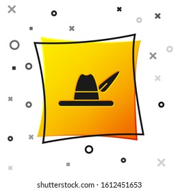 Black Oktoberfest hat icon isolated on white background. Hunter hat with feather. German hat. Yellow square button. Vector Illustration