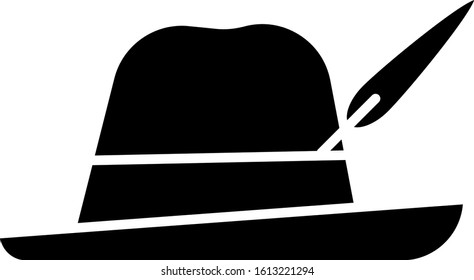 Black Oktoberfest hat icon isolated on white background. Hunter hat with feather. German hat.  Vector Illustration