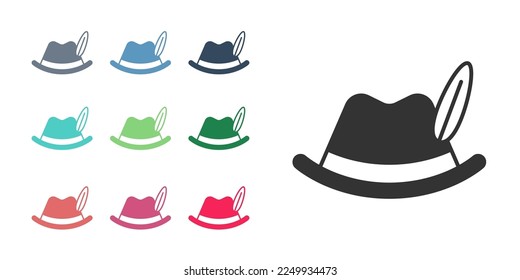 Black Oktoberfest hat icon isolated on white background. Hunter hat with feather. German hat. Set icons colorful. Vector