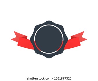 Black old badge with red tape isolated on white