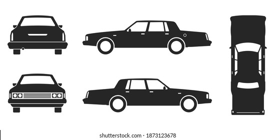 Black old car in flat style from different sides. Auto front view, rear view, side view and top view. Variants of cartoon automobile body silhouette for web.