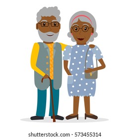 Black old couple of retirees. Grandfather and grandmother. Retired people with glasses and walking stick. Elderly persons: man and woman. EPS10 vector illustration in flat style.