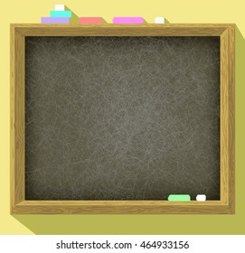 Black old empty chalkboard with pieces of chalk for copy space. Back to school. Education background concept. Vector illustration.