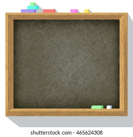 Black old empty chalkboard with pieces of chalk on a white wall. Copy space. Back to school. Education background concept. Vector illustration isolated