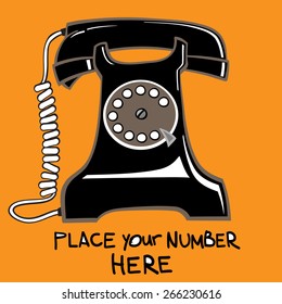 Black old fashioned rotary phone on orange background