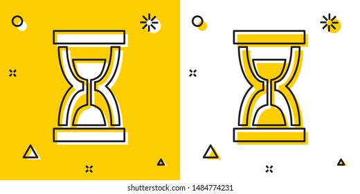 Black Old hourglass with flowing sand icon isolated on yellow and white background. Sand clock sign. Business and time management concept. Random dynamic shapes. Vector Illustration