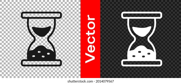 Black Old hourglass with flowing sand icon isolated on transparent background. Sand clock sign. Business and time management concept.  Vector