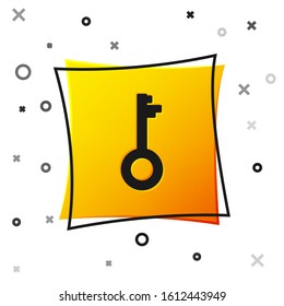 Black Old key icon isolated on white background. Yellow square button. Vector Illustration