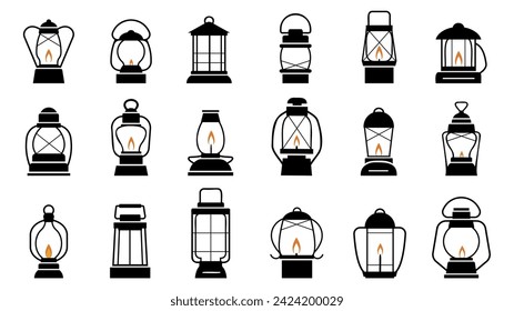 Silhouettes negro de linterna vieja. Faros de campamento, decoraciones y elementos tradicionales de luces retro. Iconos de iluminación Colección vectorial decente