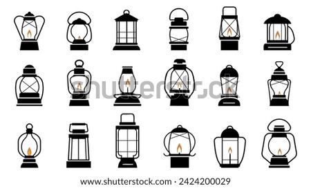 Black old lantern silhouettes. Camp lanterns, decorative holidays traditional retro lights elements. Lighting icons decent vector collection