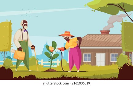 Black old man with briefcase and woman watering flowers in garden in countryside on cityscape background cartoon vector illustration