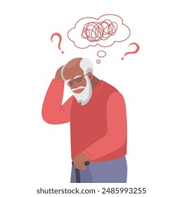 Black Old man suffer from dementia loss memory. Senior male struggle with Alzheimer disease. Flat vector illustration. 