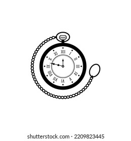 black Old pocket watch with chain vector illustration logo design