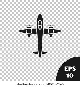 Black Old retro vintage plane icon isolated on transparent background. Flying airplane icon. Airliner sign.  Vector Illustration