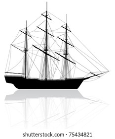 Black old ship isolated on white background. Vector illustration.