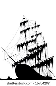 Black old ship at the sea ground - vector