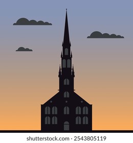 Templo viejo negro en el fondo del cielo y de las nubes grises. Vector