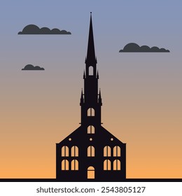 Black old temple on the background of sky and gray clouds. Vector