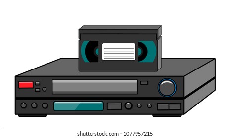 Black old vintage retro vintage hipster vintage video recorder with video cassette standing on a VCR for watching movies, videos from the 80's, 90's on a white background. Vector illustration.