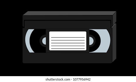Black old vintage retro three-dimensional hipster antique video cassette for video recorder for watching movies, video from the 80's, 90's on a black background. Vector illustration.