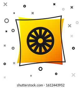 Black Old wooden wheel icon isolated on white background. Yellow square button. Vector Illustration