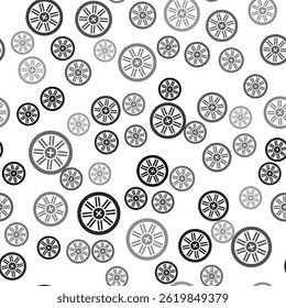 Black Old wooden wheel icon isolated seamless pattern on white background.  Vector