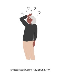 Black older gray-haired woman with dementia or Alzheimer. Concept of memory loss and fight with amnesia and mental disorder. Cartoon Flat Vector illustration.