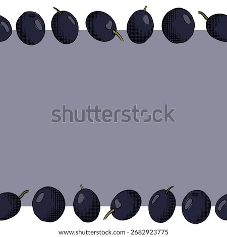 Black Olive berry seamless border horizontal frame template. Vector graphic line ink colored illustration. Fruitless rosemary, bay leaf circle frame for card, food cosmetic label