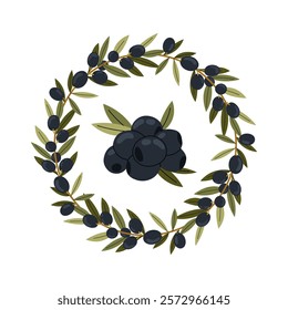 Black olive branch wreath. Hand drawn natural vector frame. Healthy food illustration. Ingredients for cooking. Round foliated frame with olives.