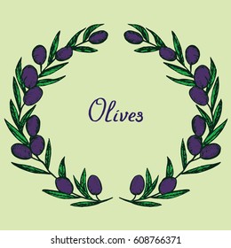 Black Olive branches, Olive Oil label design with inscription, woodcut style design, hand drawn doodle, sketch in pop art style, isolated vector illustration