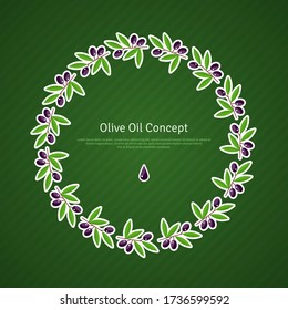 Las ramas de olivo negras eran flacas. Ilustración vectorial. Marco del círculo del aceite de oliva natural. Plantilla de portada de menú italiana creativa con lugar para mensaje de texto.